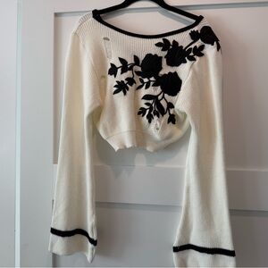 Floral Embroidered distressed White cropped Sweater